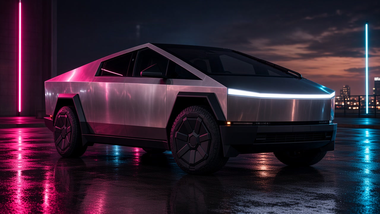 Stock stainless Cybertruck with 18-inch Core wheels, retrowave night grade